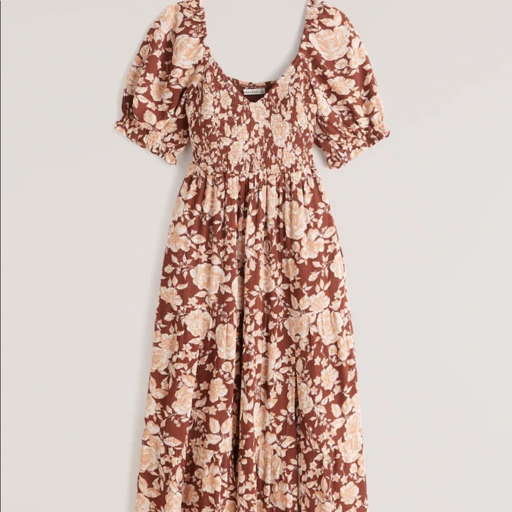 Abercrombie & Fitch Smocked Midi Dress in Brown Floral